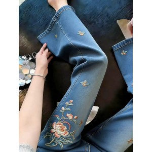 Blue Heavy Industry Chinese-Style Embroidered Flared Jeans for Women – 2026 Summer New Arrival: Slimming, Versatile, Fashionable Casual Pants