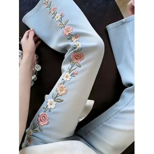 Light Blue Embroidered Floral Denim Pants for Women - 2026 Summer New Arrival: High-Waisted, Stylish, Slimming, and Versatile Cropped Pants