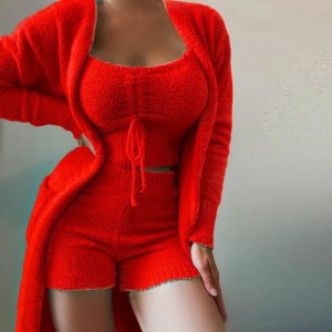 Women's Plush Camisole Vest Long Jacket Shorts Loungewear 3 Piece Suit Set