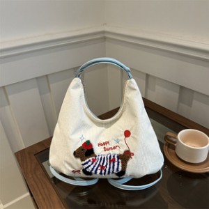 Large Capacity Embroidery Dachshund Foldable Shoulder Bag 2024 New Tide Striped Canvas Single Shoulder Crossbody Tote Bag