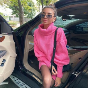 Foreign trade explosion women's fashion solid color loose casual high neck lantern sleeve knitted sweater dress dresses
