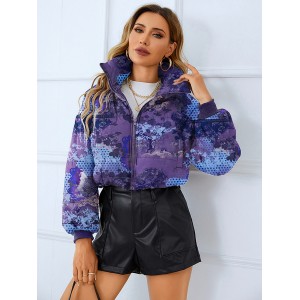 The realm of Europe and the United States women's 2024winter new printing fashion face cotton clothes stand-up collar bread clothing jacket warm cotton package shipping costs