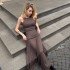 Wholesale retail package spring new fashion splicing ribbon ruffle Slim street style medium solid color dresses